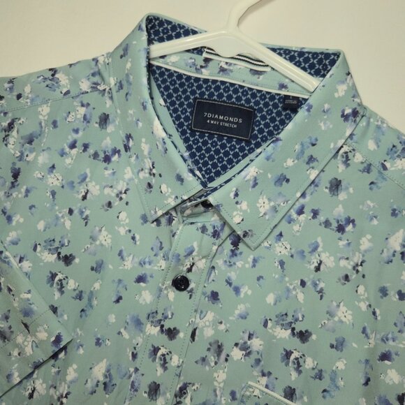 7 Diamonds 4 Way Stretch Shirt Men's Large Green Floral Geometric Short Sleeve - Picture 1 of 6